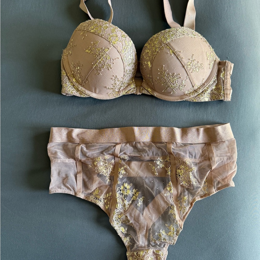 Elegant Lace Embroidered Bra and Panty Set - Tan
